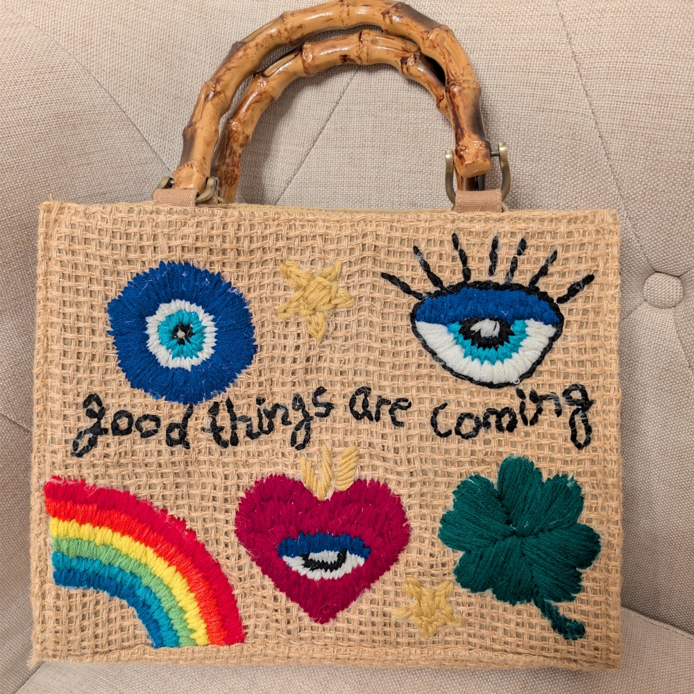 Embroidered Jute Tote with Bamboo Handles